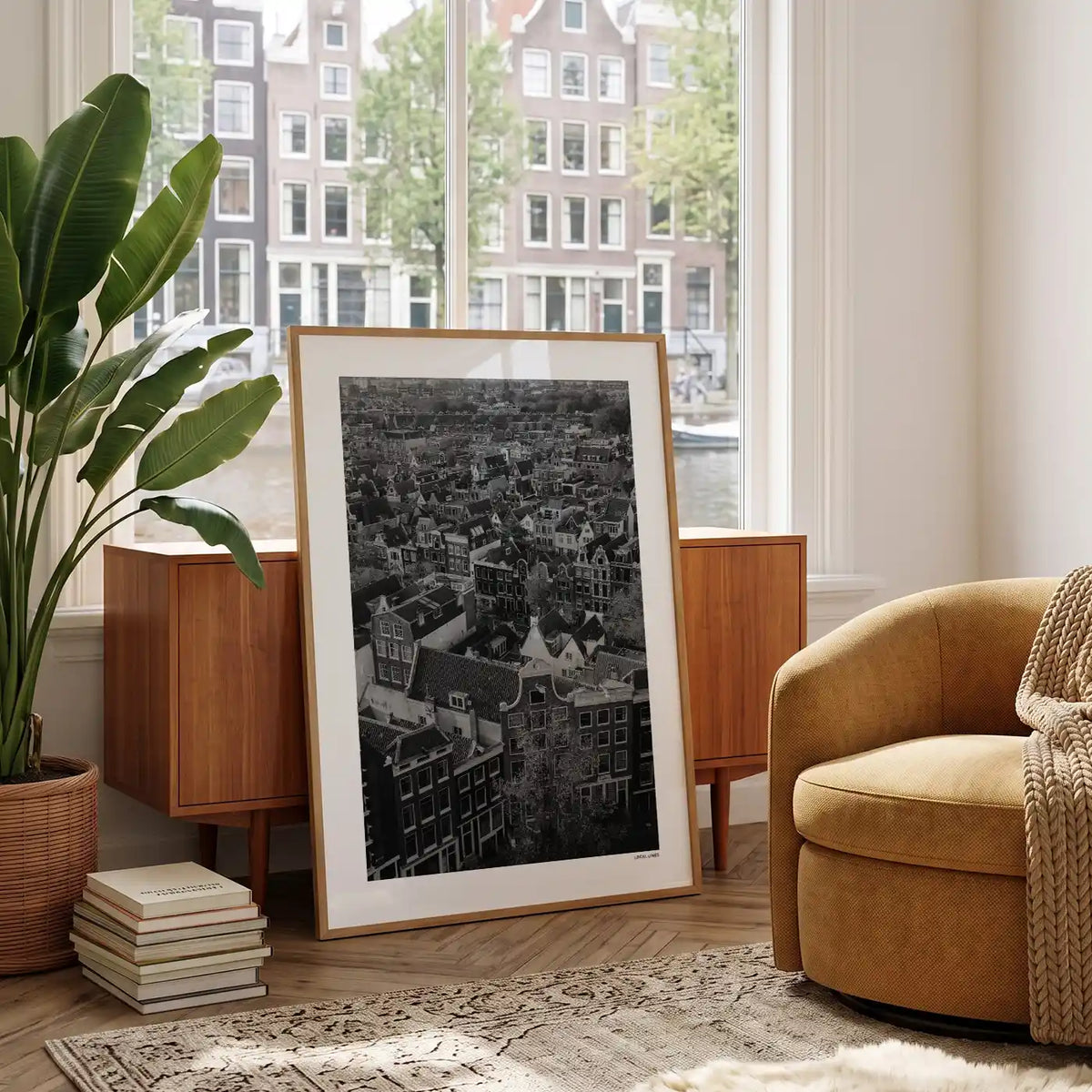 Amsterdam Herfst fotoposter in woonkamer interieur - Zwart-Wit