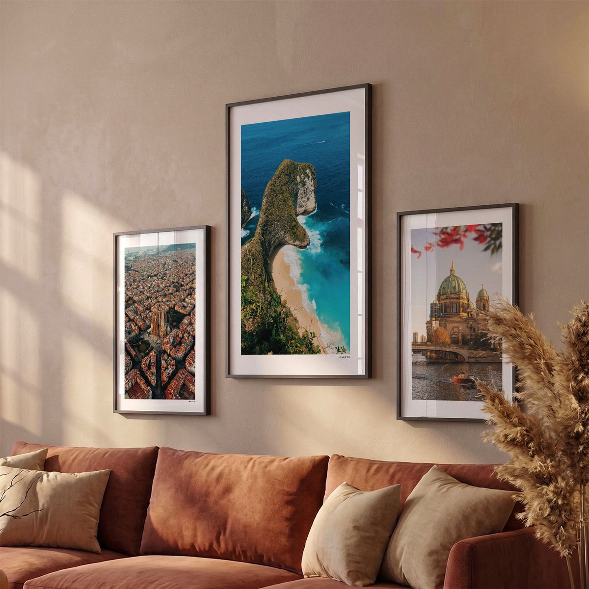 Drie Bali Klassiek fotoposters boven bank wanddecoratie - Kleur