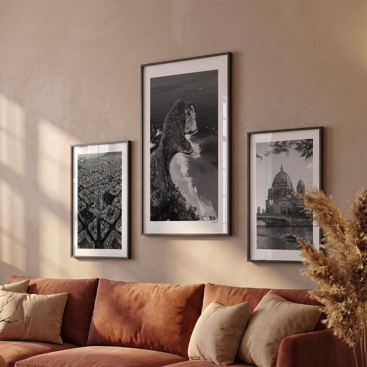 Drie Bali Klassiek fotoposters boven bank wanddecoratie - Zwart-Wit
