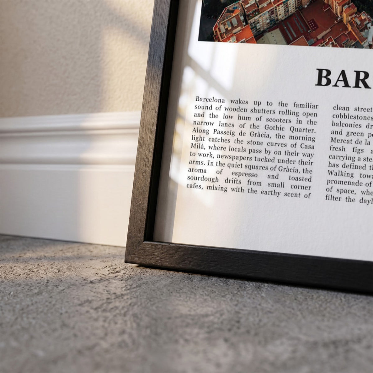 Detailopname van Barcelona Fotoposter – Kleur ingelijst in zwarte fotolijst