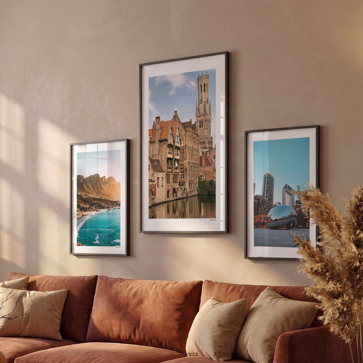 Drie Brugge Klassiek fotoposters boven bank wanddecoratie - Kleur