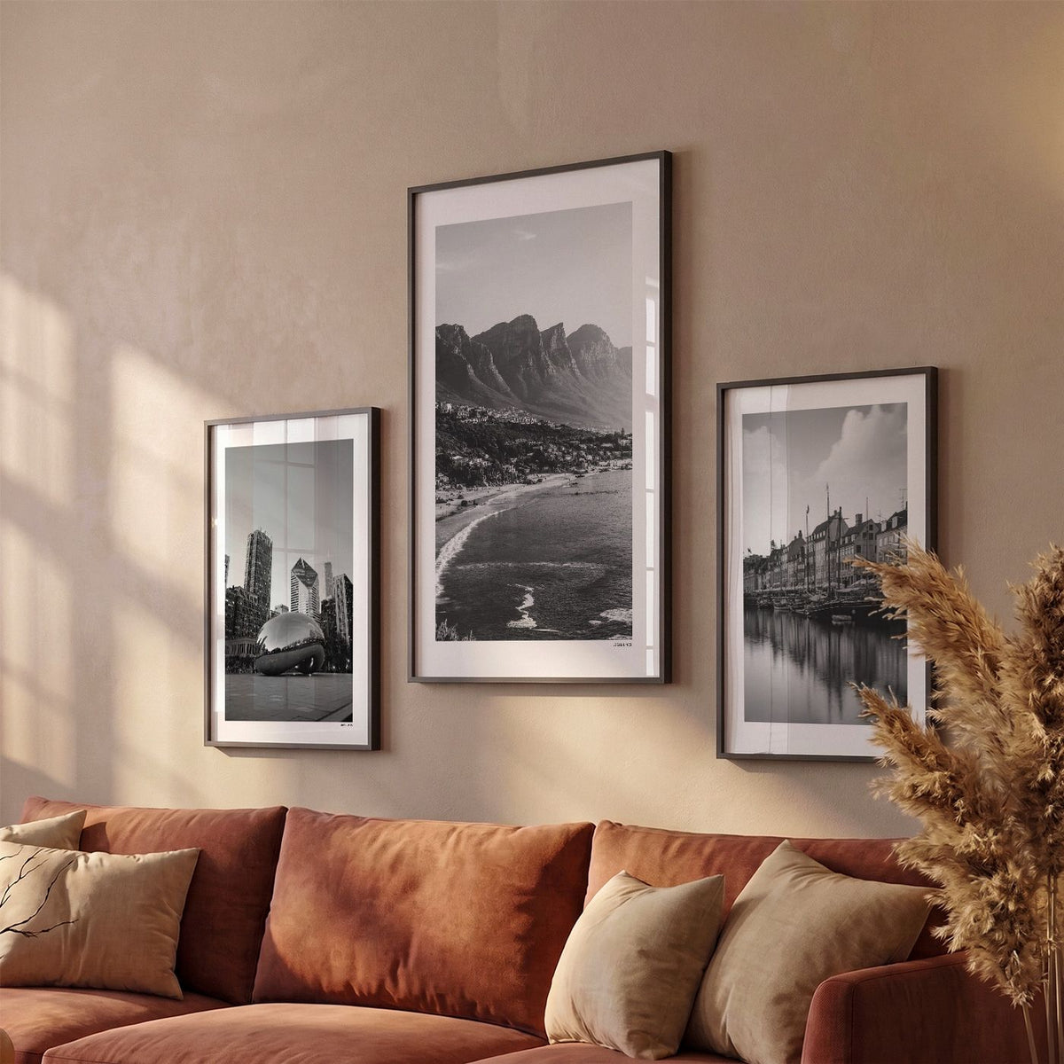 Drie Kaapstad Klassiek fotoposters boven bank wanddecoratie - Zwart-Wit