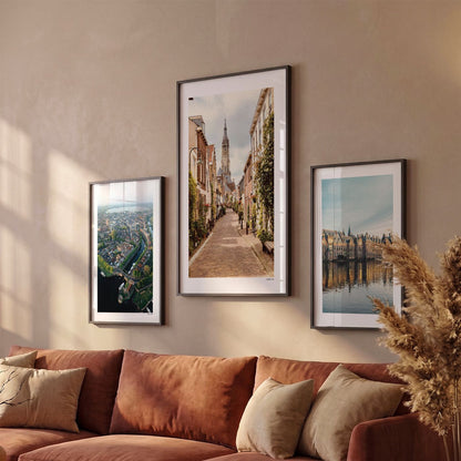 Drie Delft Klassiek fotoposters boven bank wanddecoratie - Kleur