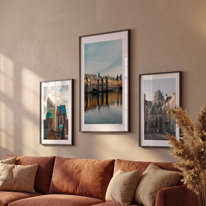 Drie Den Haag Binnenhof fotoposters boven bank wanddecoratie - Kleur