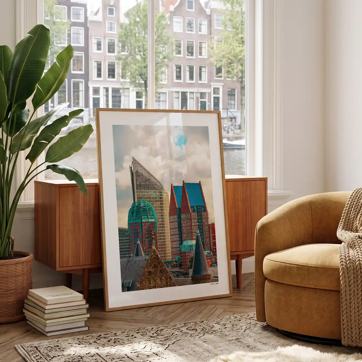 Den Haag Skyline fotoposter in woonkamer interieur - Kleur