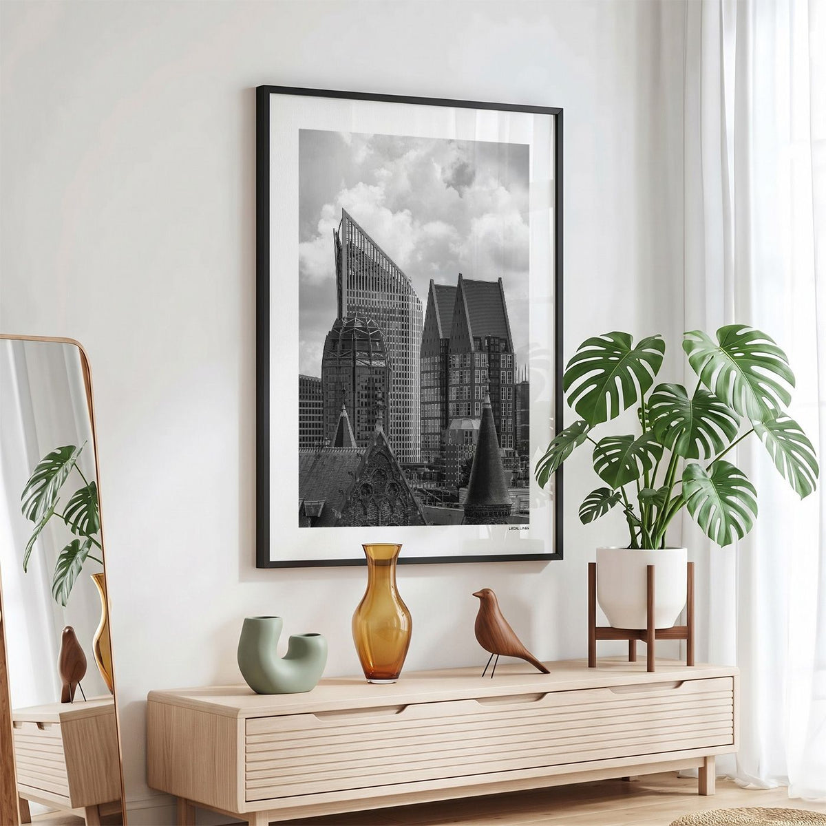 Den Haag Skyline fotoposter in zwarte lijst - Zwart-Wit