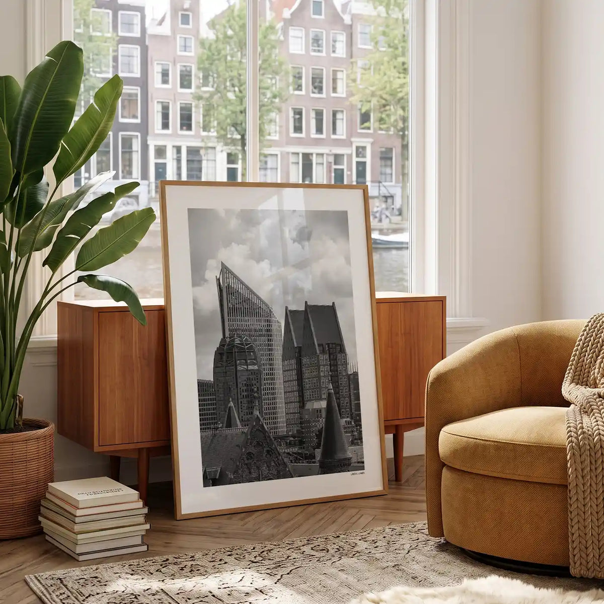 Den Haag Skyline fotoposter in woonkamer interieur - Zwart-Wit