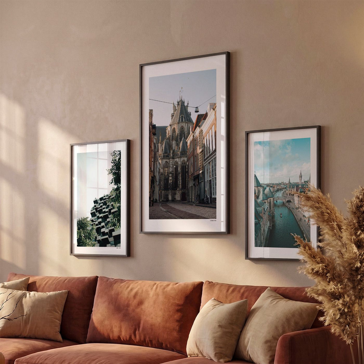 Drie Dordrecht Klassiek fotoposters boven bank wanddecoratie - Kleur