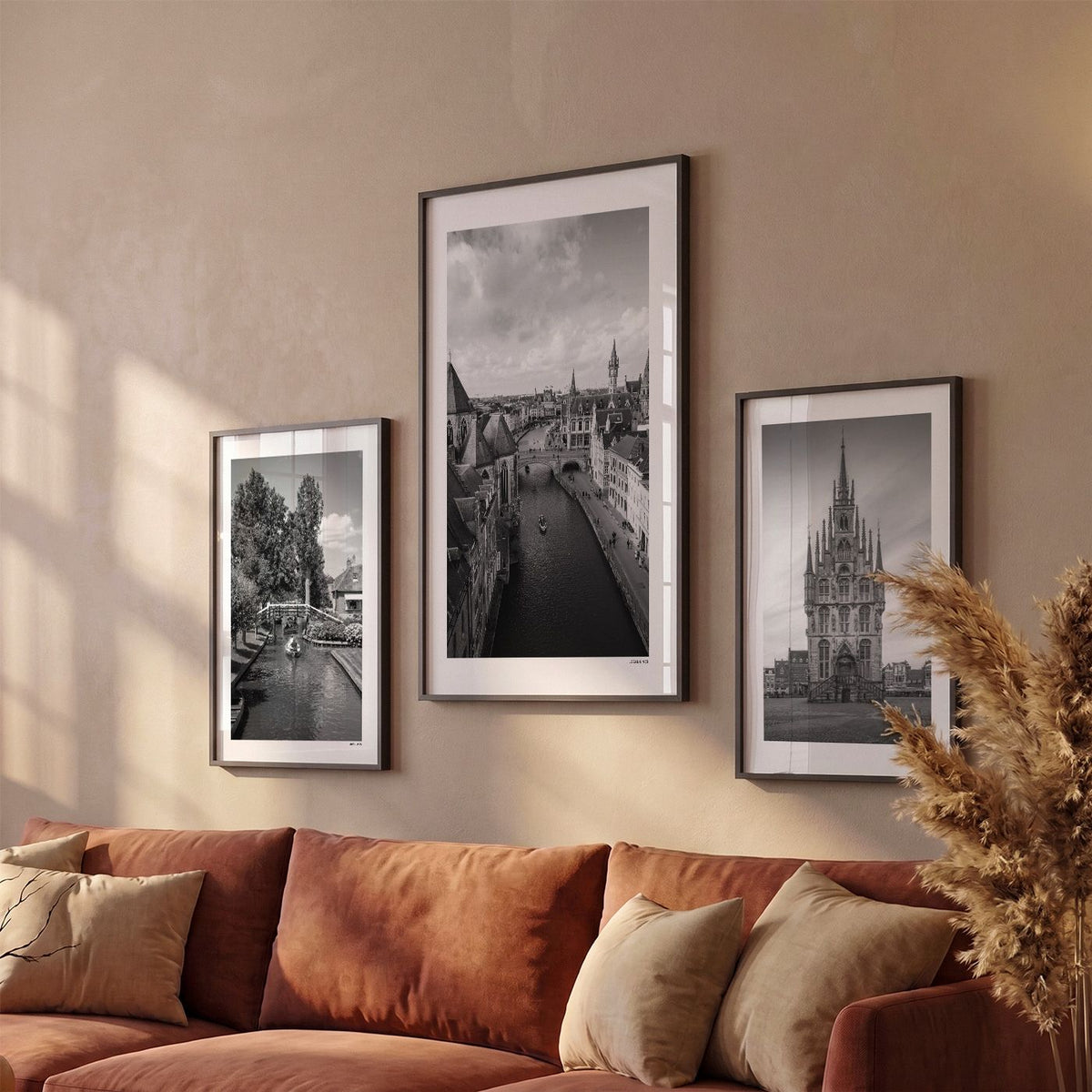 Drie Gent Klassiek fotoposters boven bank wanddecoratie - Zwart-Wit