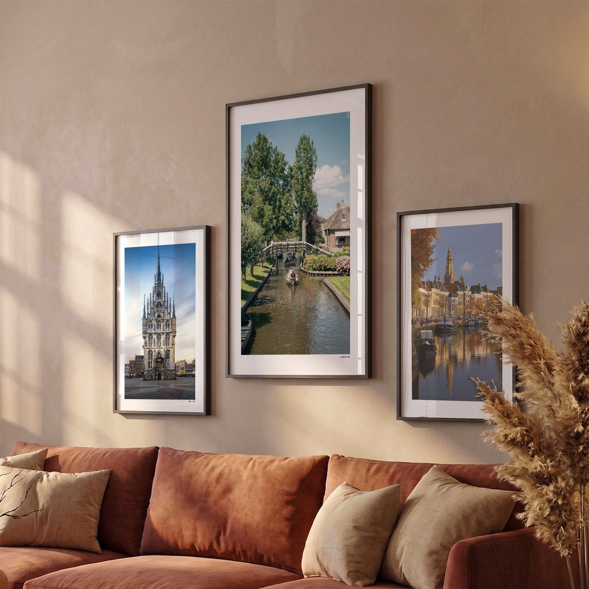 Drie Giethoorn Klassiek fotoposters boven bank wanddecoratie - Kleur