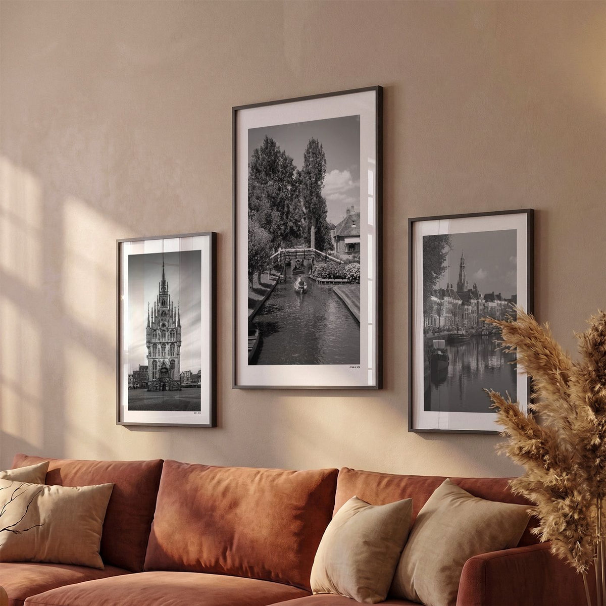 Drie Giethoorn Klassiek fotoposters boven bank wanddecoratie - Zwart-Wit
