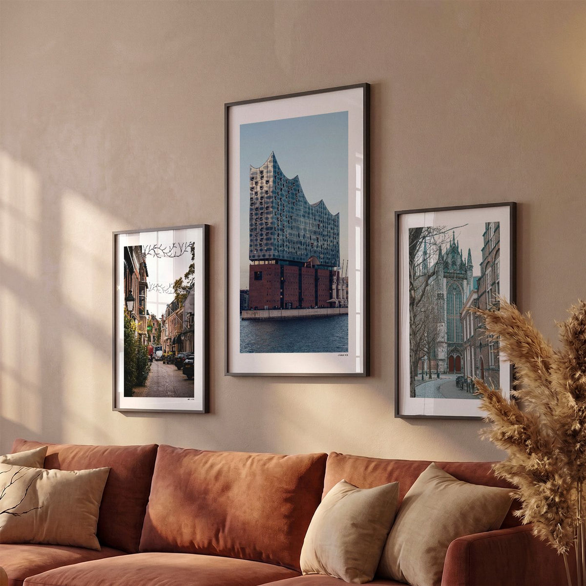 Drie Hamburg Klassiek fotoposters boven bank wanddecoratie - Kleur