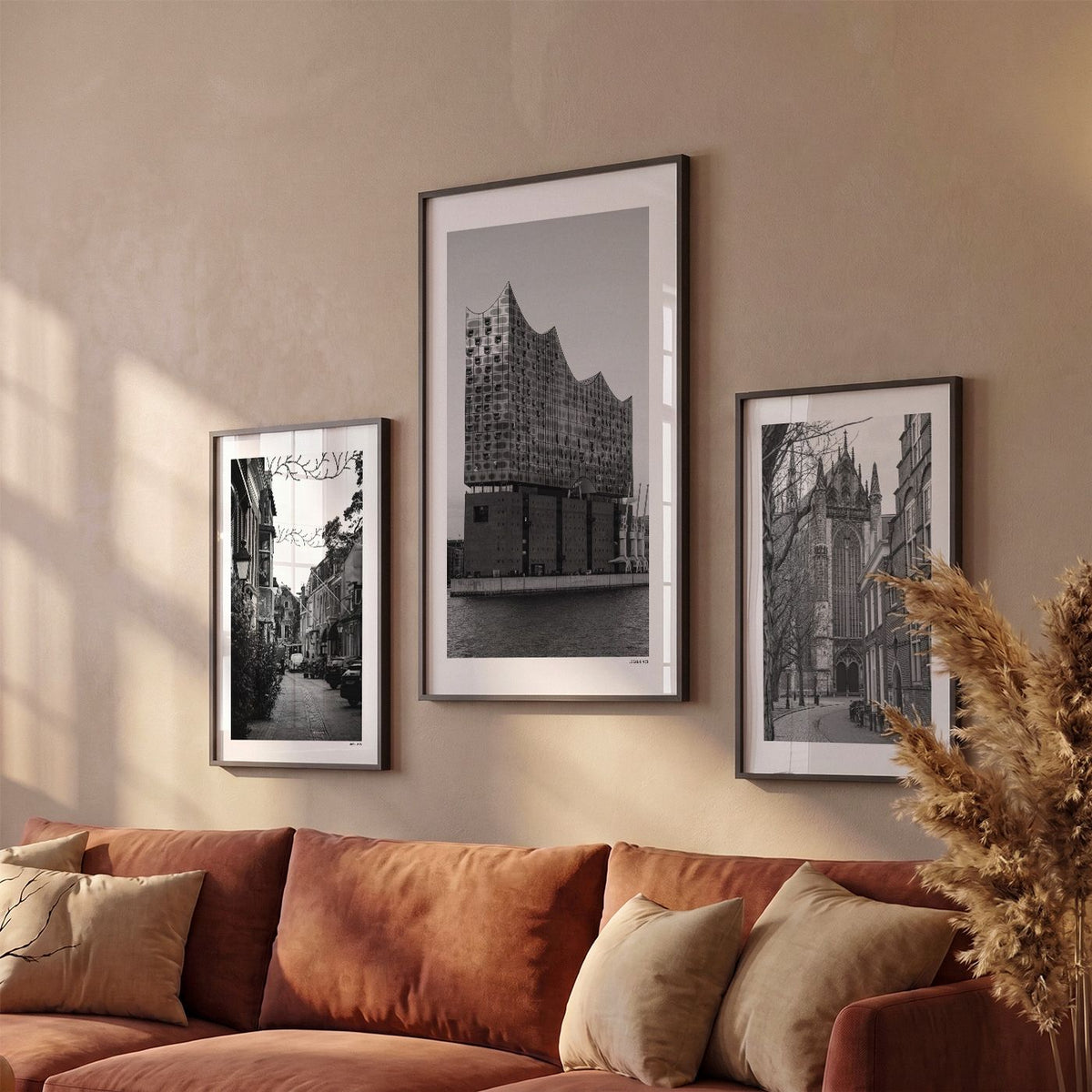 Drie Hamburg Klassiek fotoposters boven bank wanddecoratie - Zwart-Wit