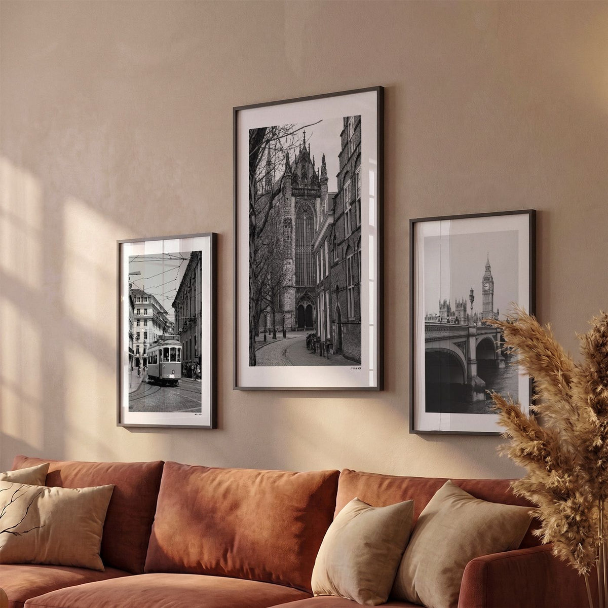 Drie Leiden Klassiek fotoposters boven bank wanddecoratie - Zwart-Wit