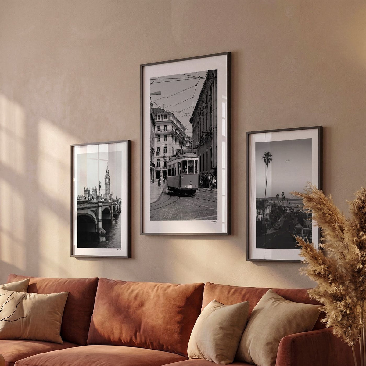 Drie Lissabon Klassiek fotoposters boven bank wanddecoratie - Zwart-Wit