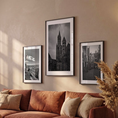 Drie Maastricht Klassiek fotoposters boven bank wanddecoratie - Zwart-Wit