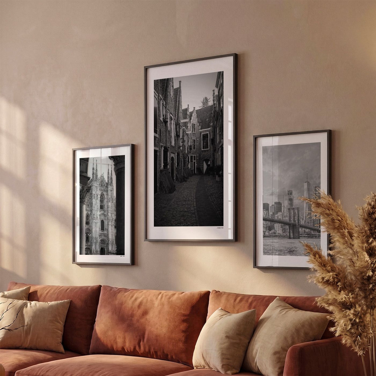 Drie Middelburg Klassiek fotoposters boven bank wanddecoratie - Zwart-Wit