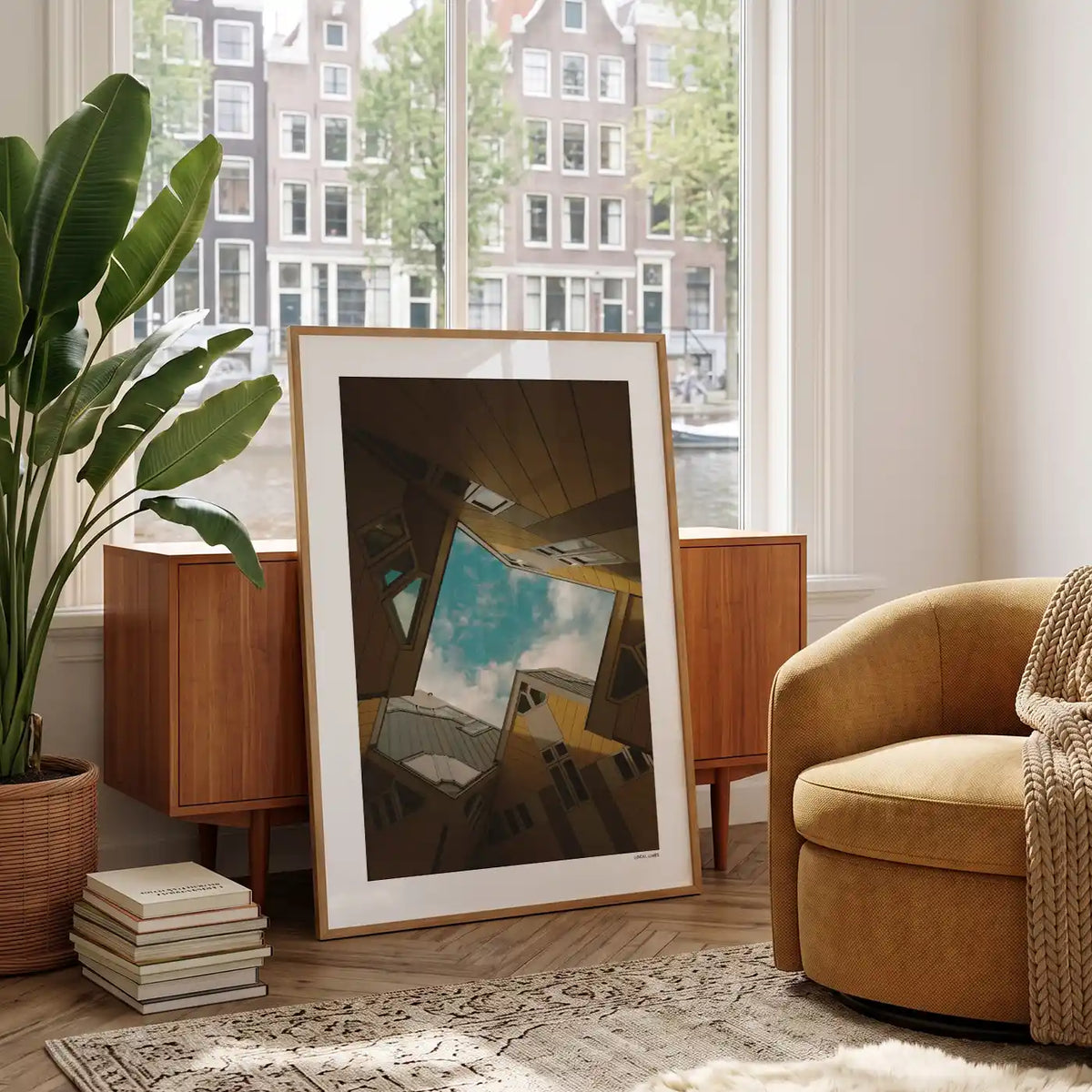 Rotterdam Kubuswoningen fotoposter in woonkamer interieur - Kleur