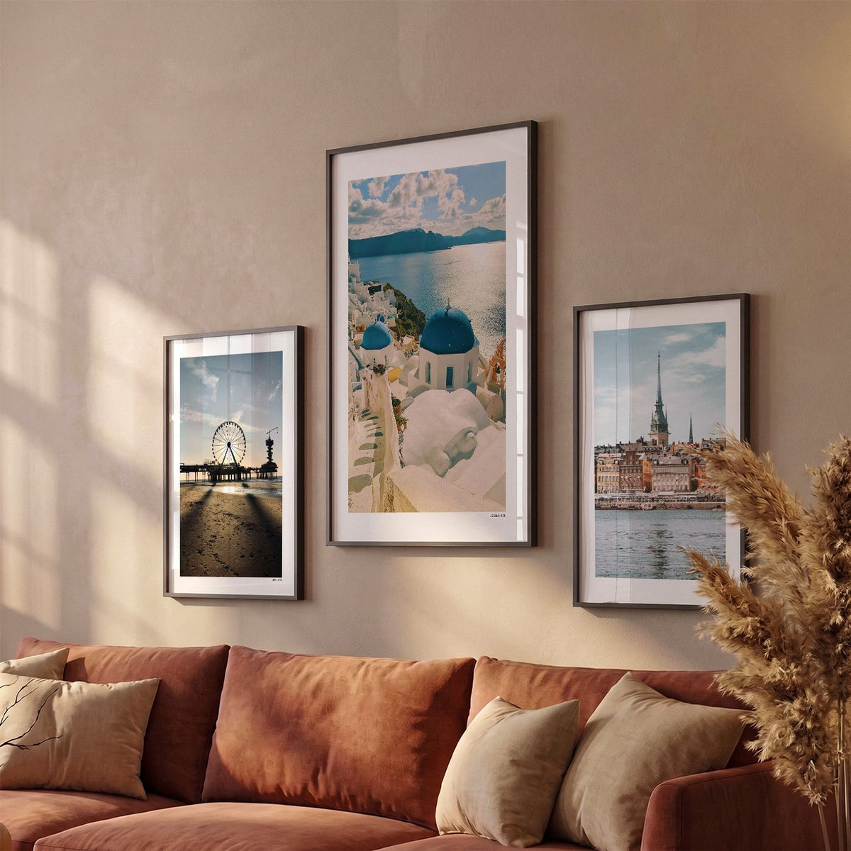 Drie Santorini Klassiek fotoposters boven bank wanddecoratie - Kleur