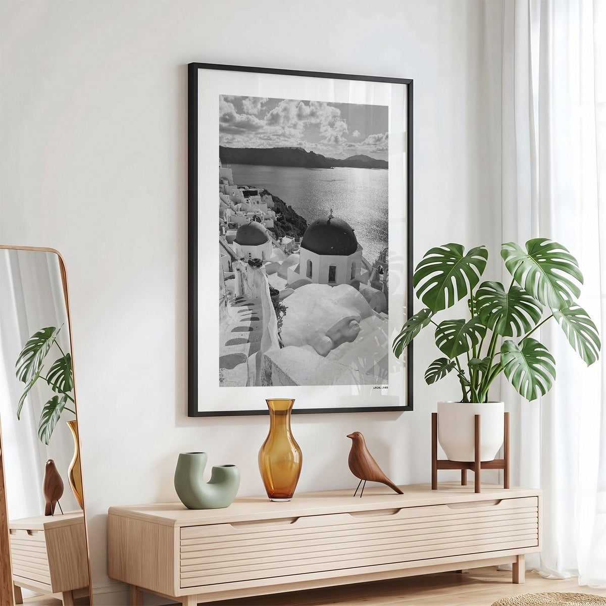 Santorini Klassiek fotoposter in zwarte lijst - Zwart-Wit