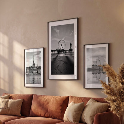 Drie Scheveningen Klassiek fotoposters boven bank wanddecoratie - Zwart-Wit