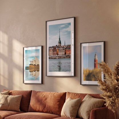 Drie Stockholm Klassiek fotoposters boven bank wanddecoratie - Kleur