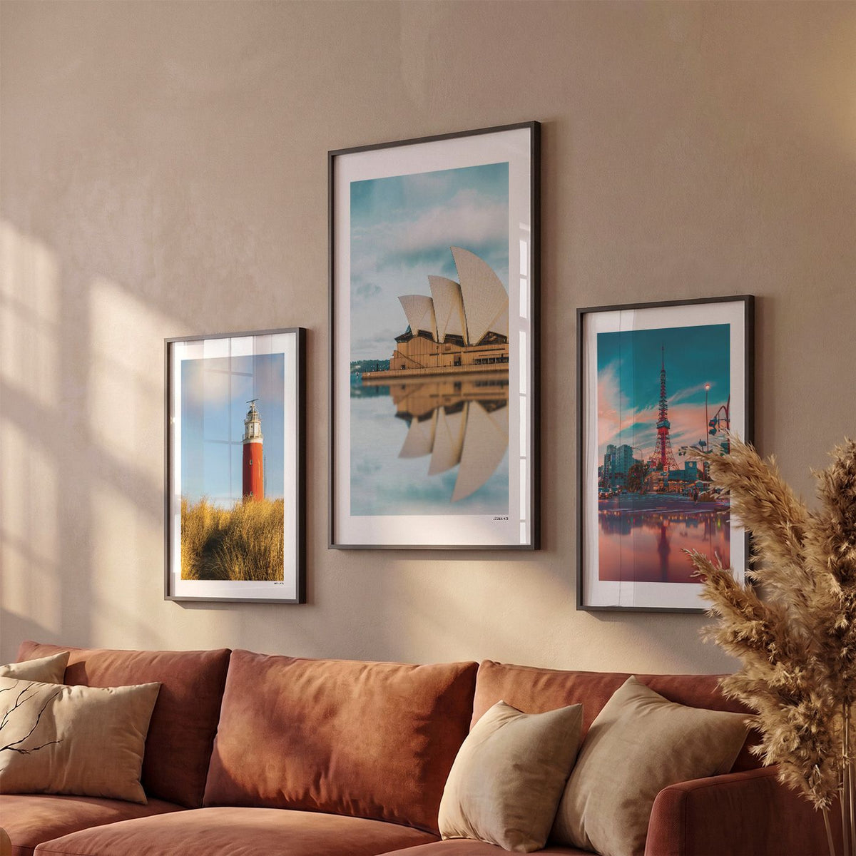 Drie Sydney Klassiek fotoposters boven bank wanddecoratie - Kleur
