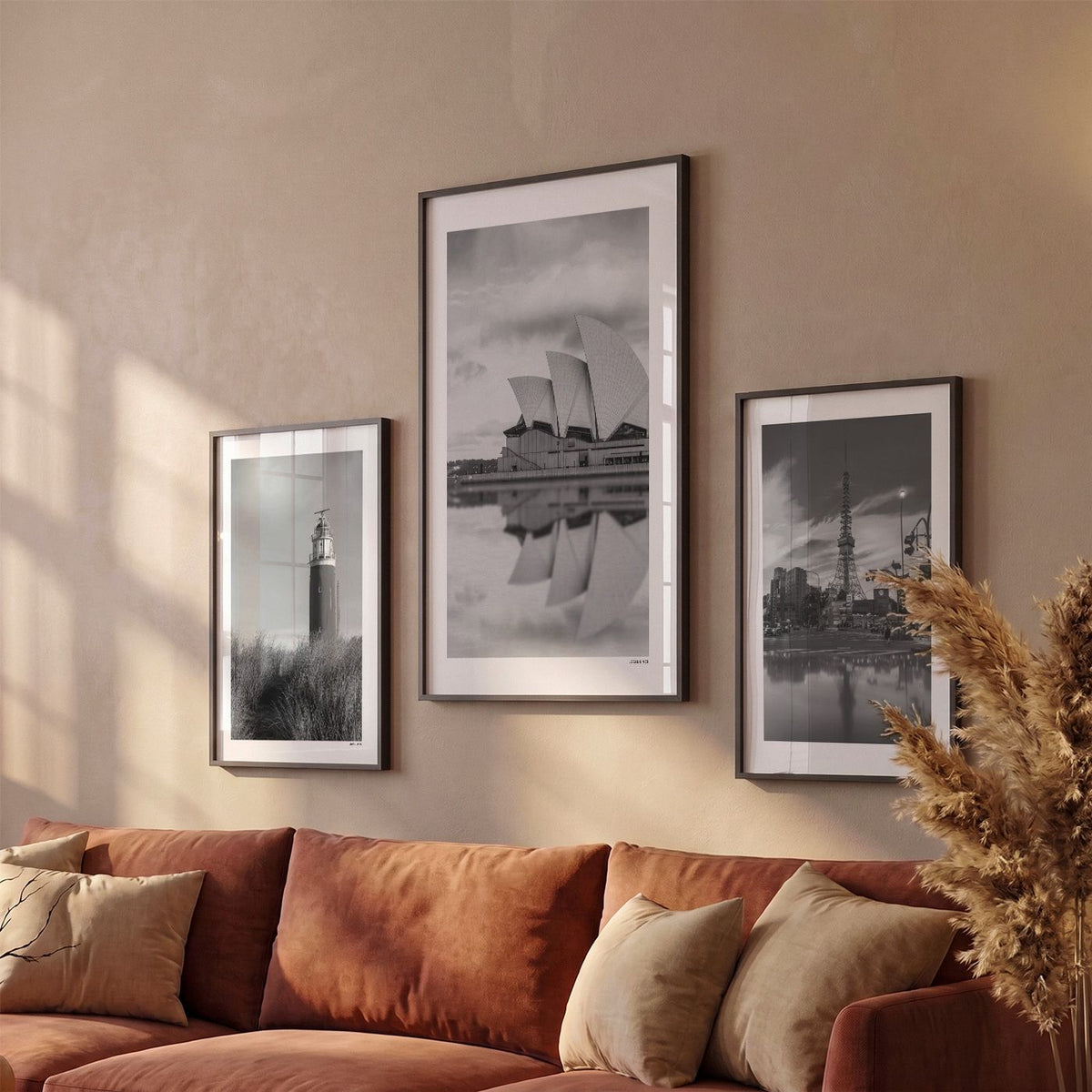 Drie Sydney Klassiek fotoposters boven bank wanddecoratie - Zwart-Wit