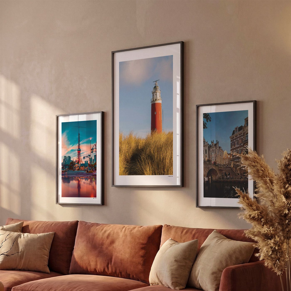 Drie Texel Klassiek fotoposters boven bank wanddecoratie - Kleur