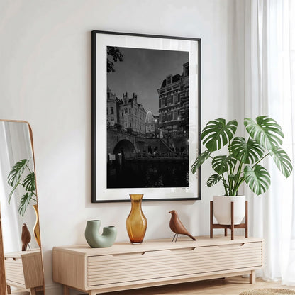 Utrecht Oudegracht fotoposter in zwarte lijst - Zwart-Wit