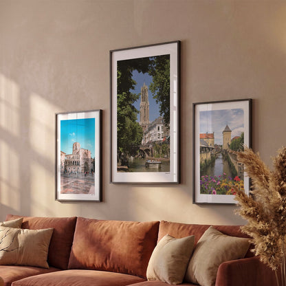 Drie Utrecht Domtoren fotoposters boven bank wanddecoratie - Kleur