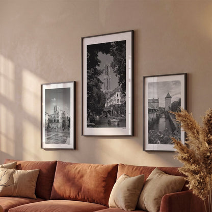 Drie Utrecht Domtoren fotoposters boven bank wanddecoratie - Zwart-Wit