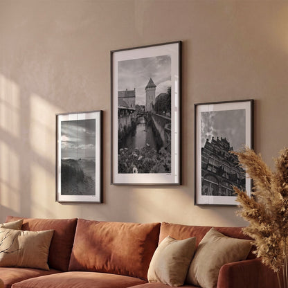 Drie Valkenburg Klassiek fotoposters boven bank wanddecoratie - Zwart-Wit