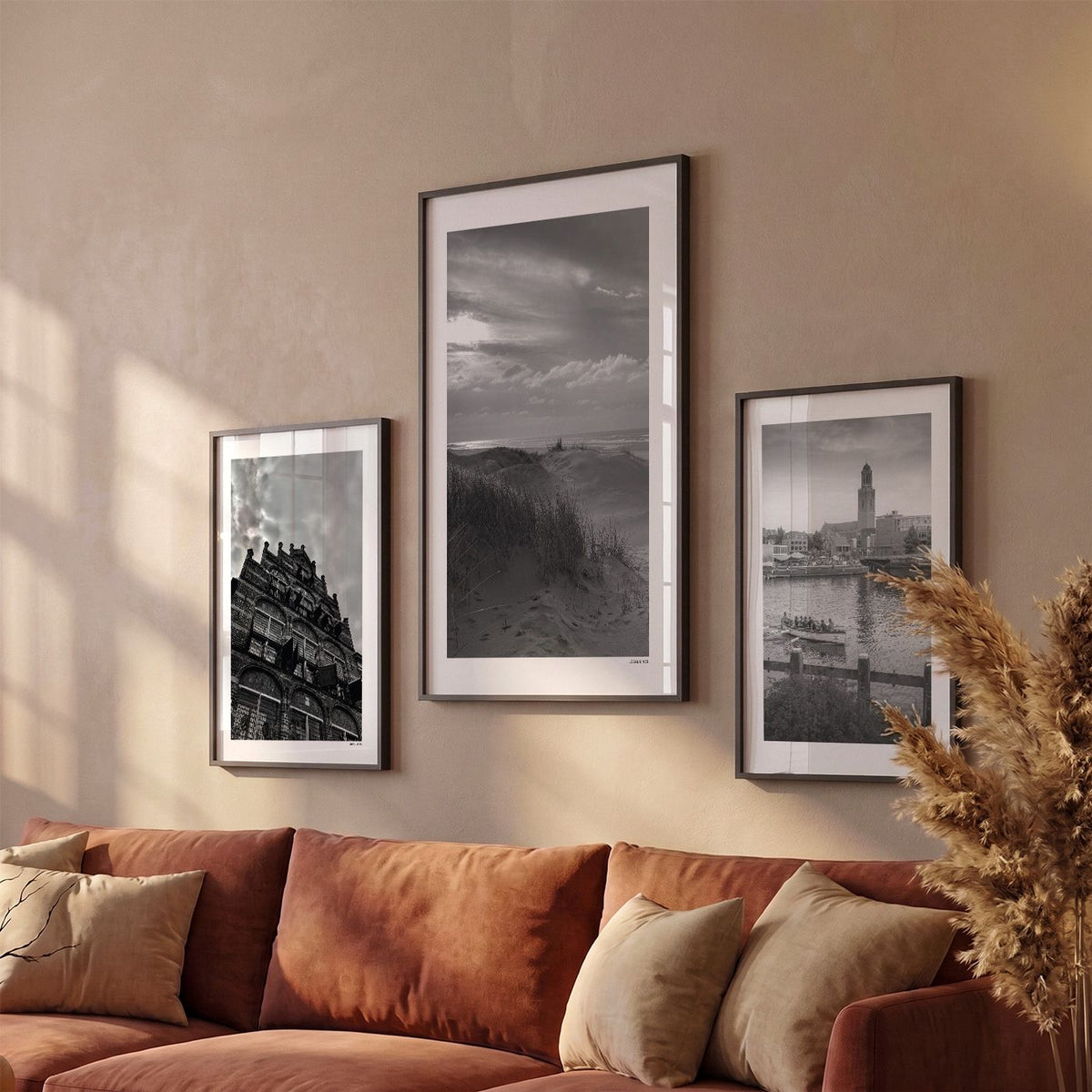 Drie Zandvoort Klassiek fotoposters boven bank wanddecoratie - Zwart-Wit