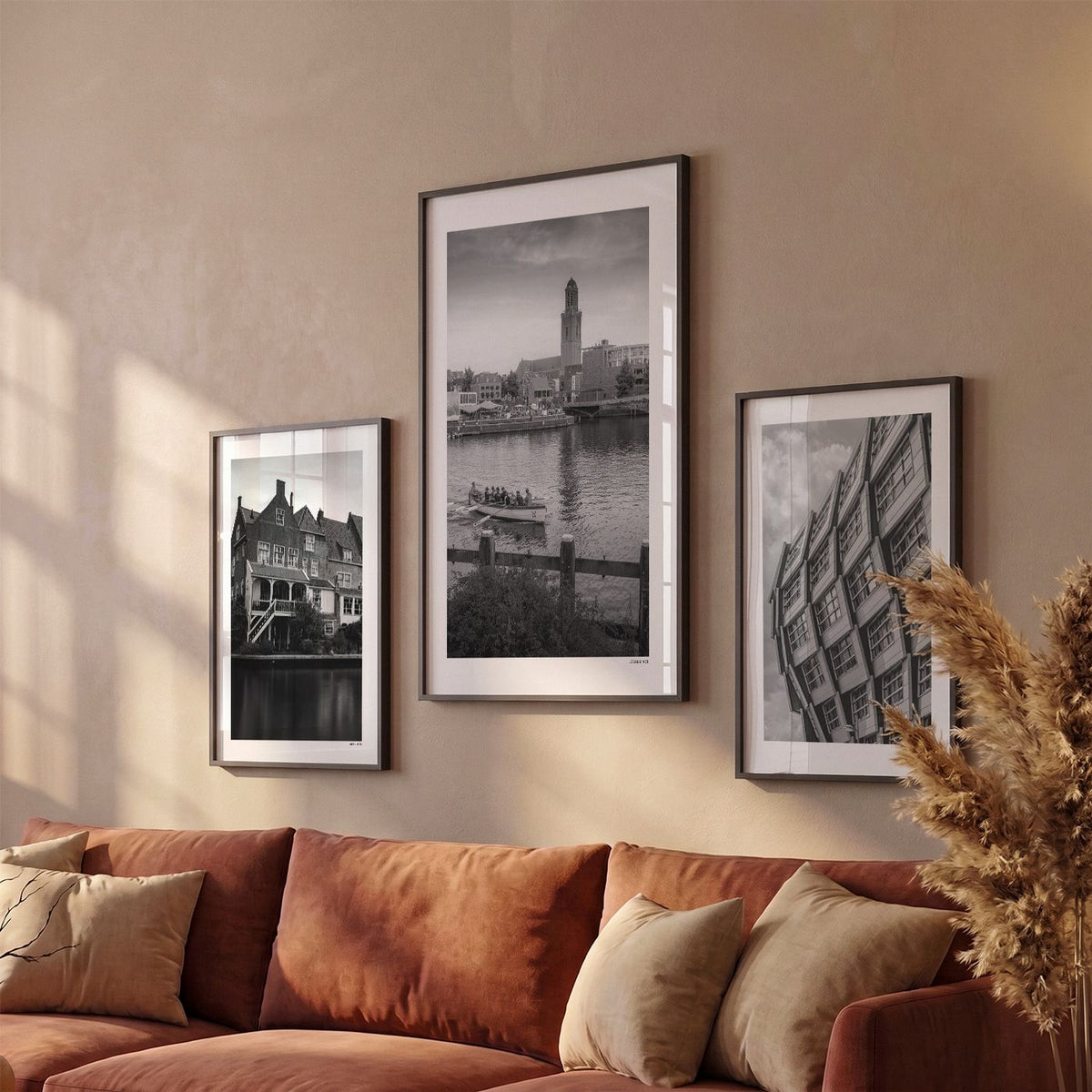 Drie Zwolle Klassiek fotoposters boven bank wanddecoratie - Zwart-Wit