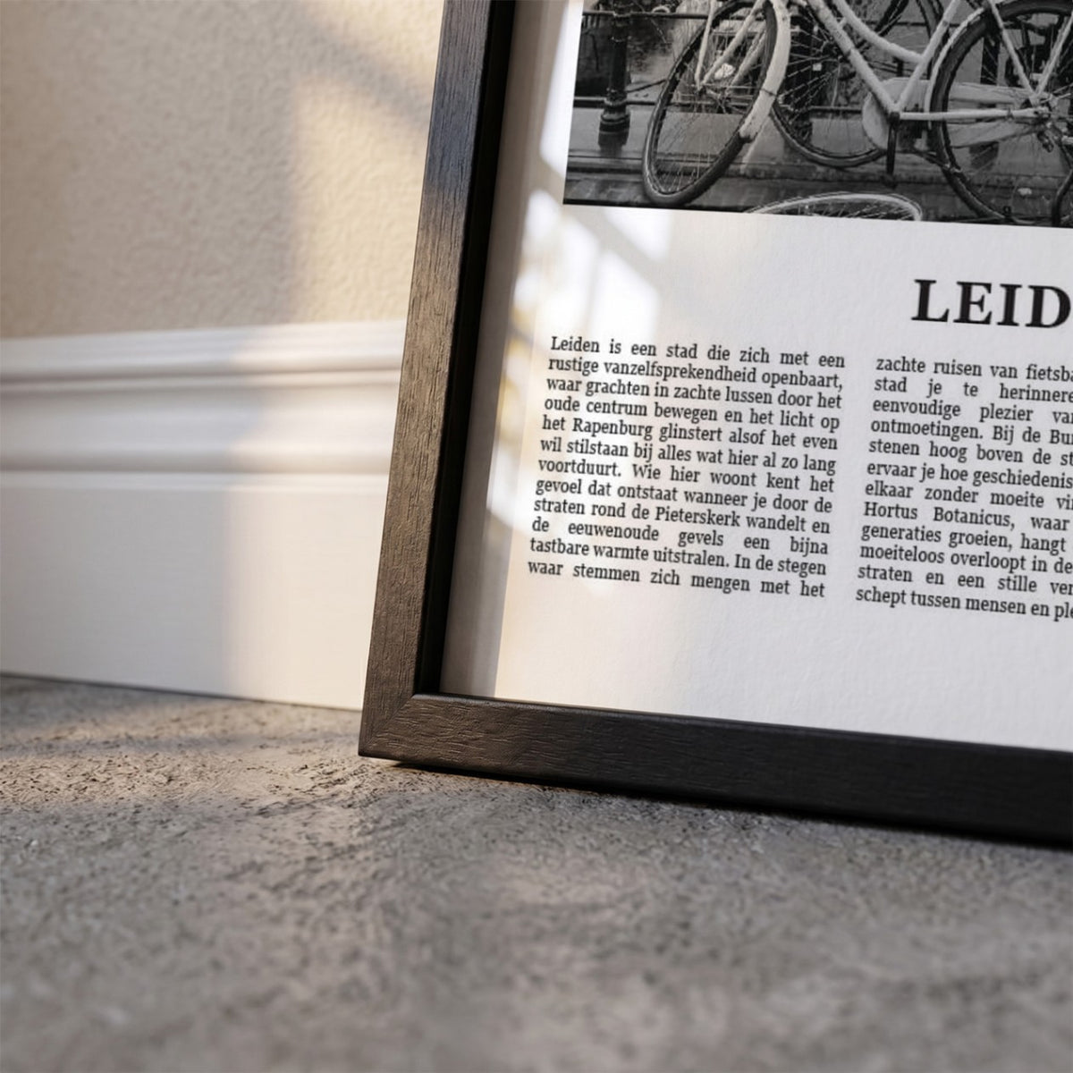 Detailopname van Leiden Fotoposter – Zwart-Wit ingelijst in zwarte fotolijst