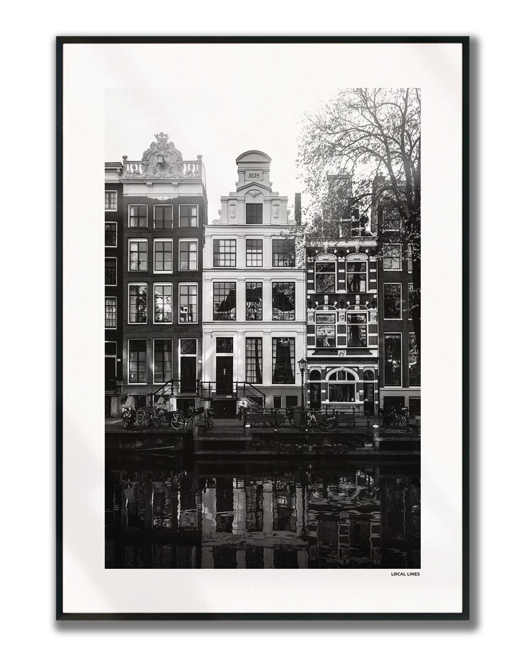 Amsterdam Grachtpanden fotoposter verticaal ingelijst - Zwart-Wit