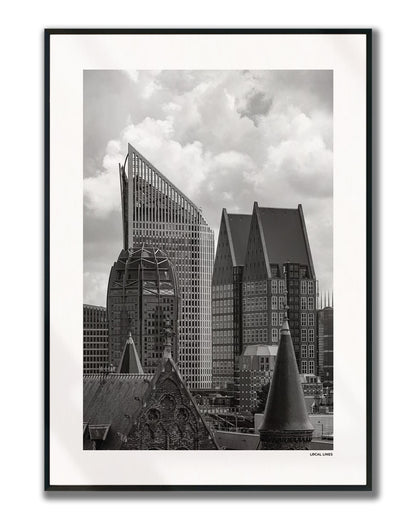 Den Haag Skyline fotoposter verticaal ingelijst - Zwart-Wit