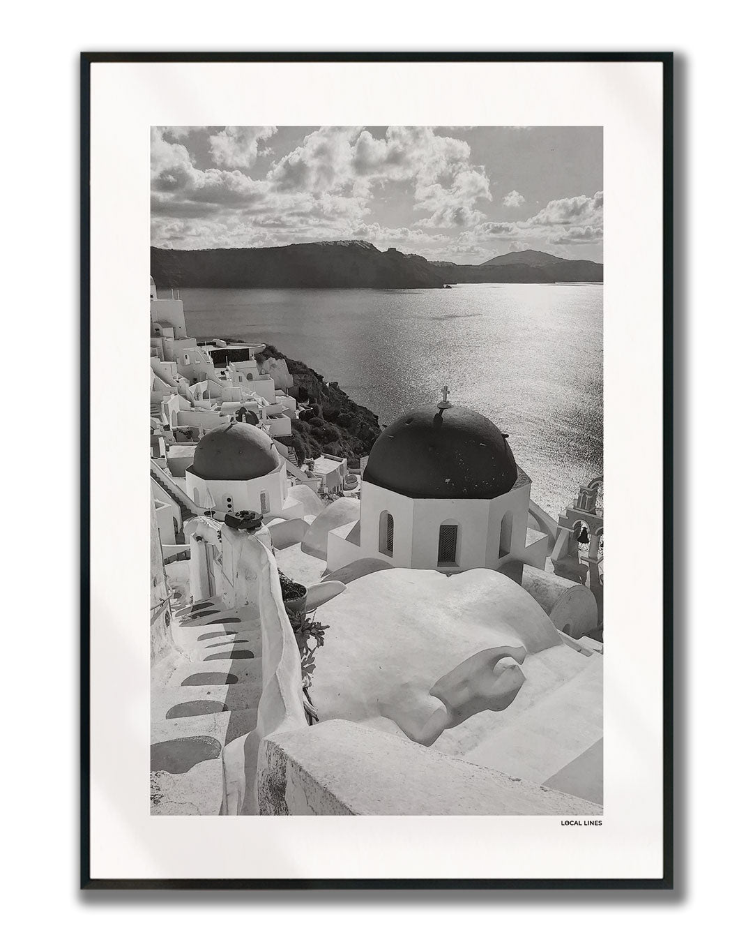 Santorini Klassiek fotoposter verticaal ingelijst - Zwart-Wit