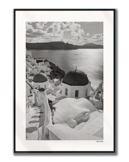 Santorini Klassiek fotoposter verticaal ingelijst - Zwart-Wit